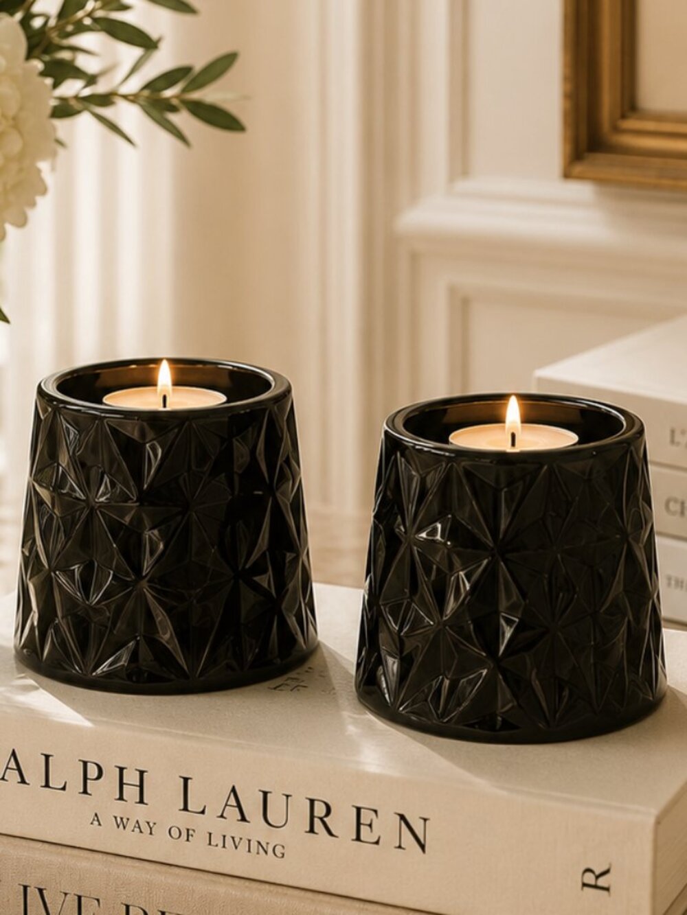 Large Robert Stanley Royal Palace Diamond Design Black Glass Candle Holders